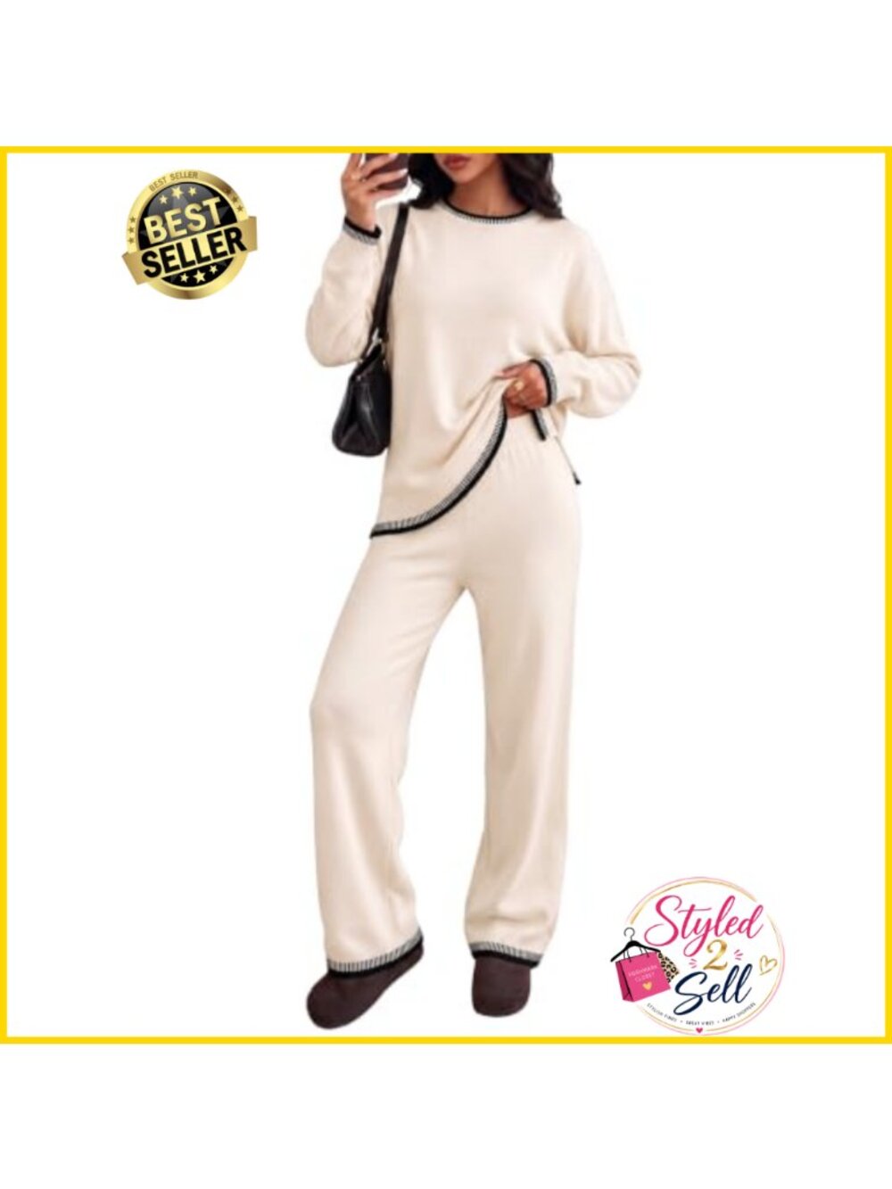 Women's 2 Piece Knit Sweater Set Long Sleeve Pullover & Wide Leg Pants Lounge